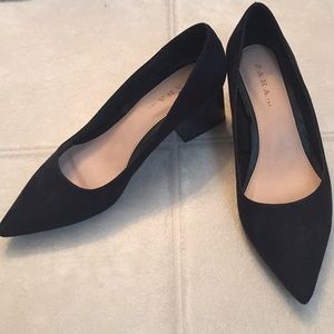 Zara black microsuede square heel pointy toe sz 38